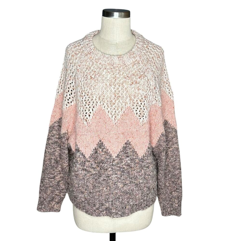 JOIE Mikah Zigzag Chevron Pullover Open Knit Crewneck Sweater Pink Women's Large